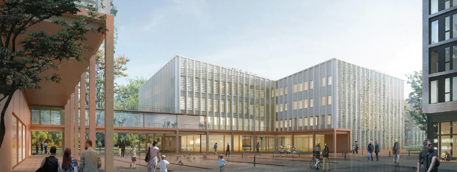 Schule Heinzelmaennchenweg, Visualisierung SHA/Gina Preis Auszeichnung Wettbewerb Architekturwettbewerb Schule Gymnasium Düsseldorf Rendering Visualisierung