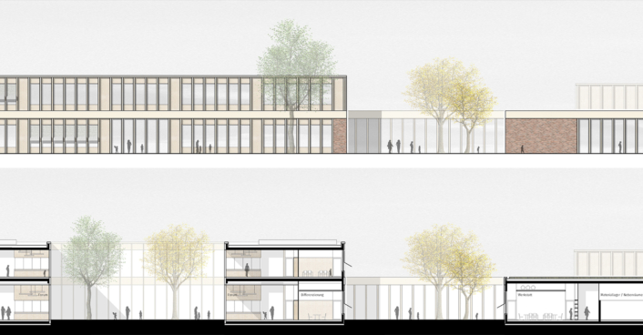 Ansicht und Schnitt - Neubau einer Förderschule in Lünen | SHA Scheffler Helbich Architekten Ansicht und Schnitt - Neubau einer Förderschule in Lünen | SHA Scheffler Helbich Architekten